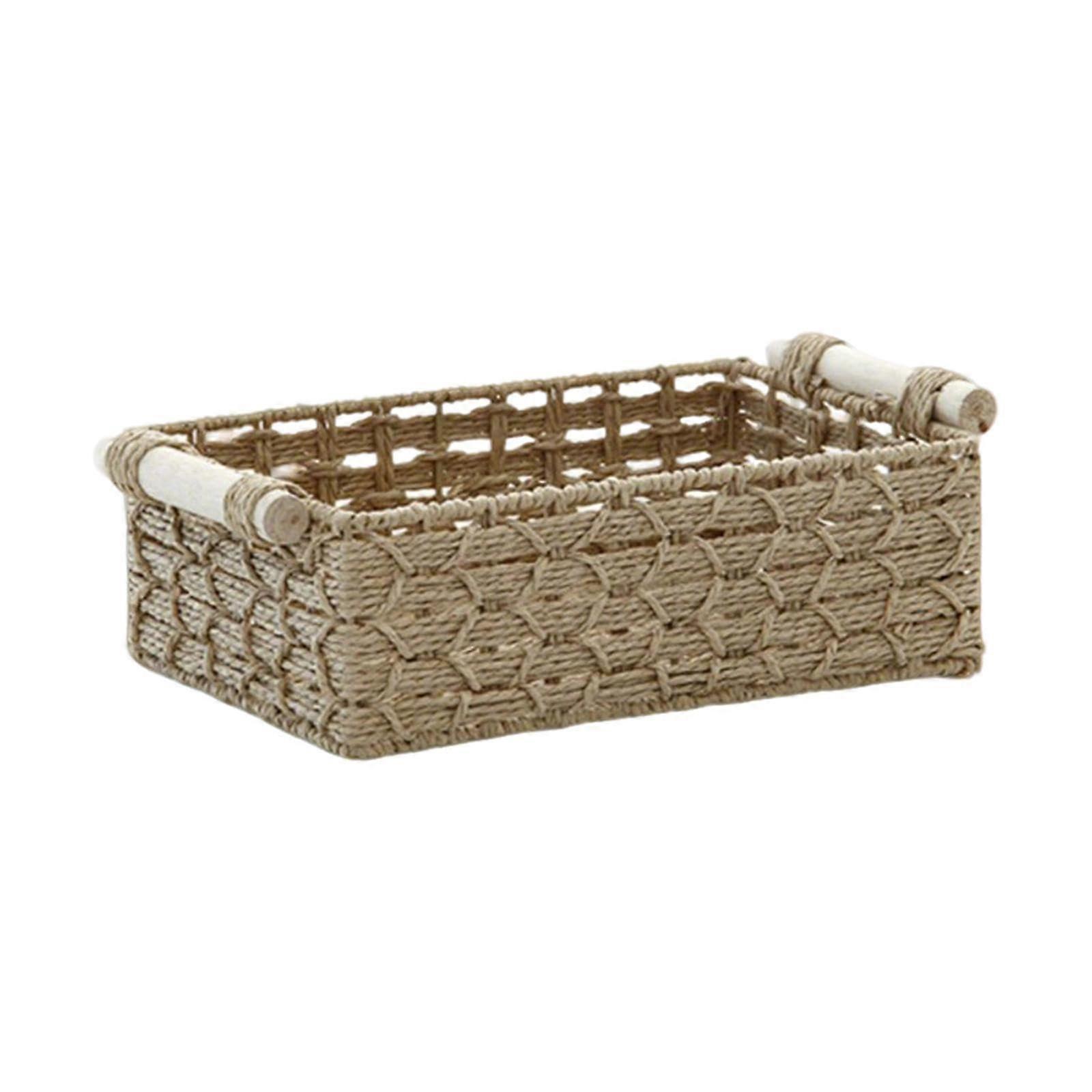 Paper Rope Storage Basket with Wooden Handles, Rustic Decorative Bin Organizer for Home, 25x15x8cm