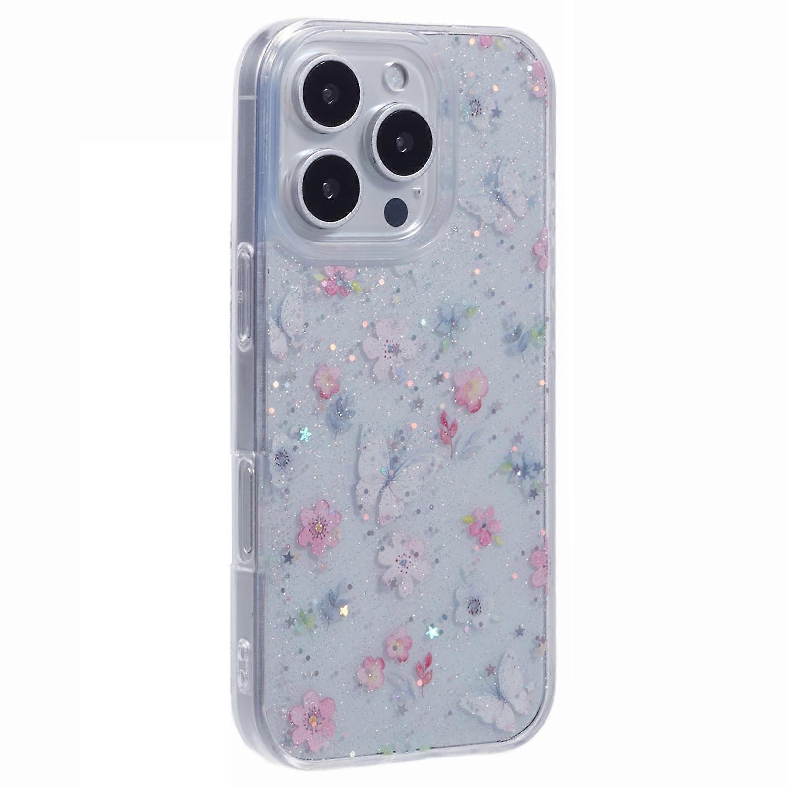For iPhone 16 Pro Case Glitter Flower Epoxy Shockproof Phone Cover