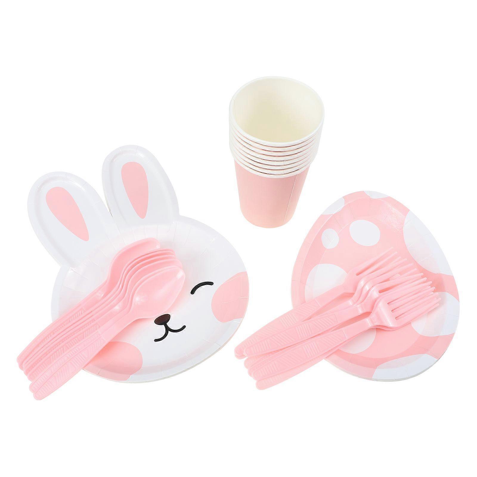 1 Set Cardboard Rabbit Plates Egg Plates Cups Fork Spoon Easter Party Supply