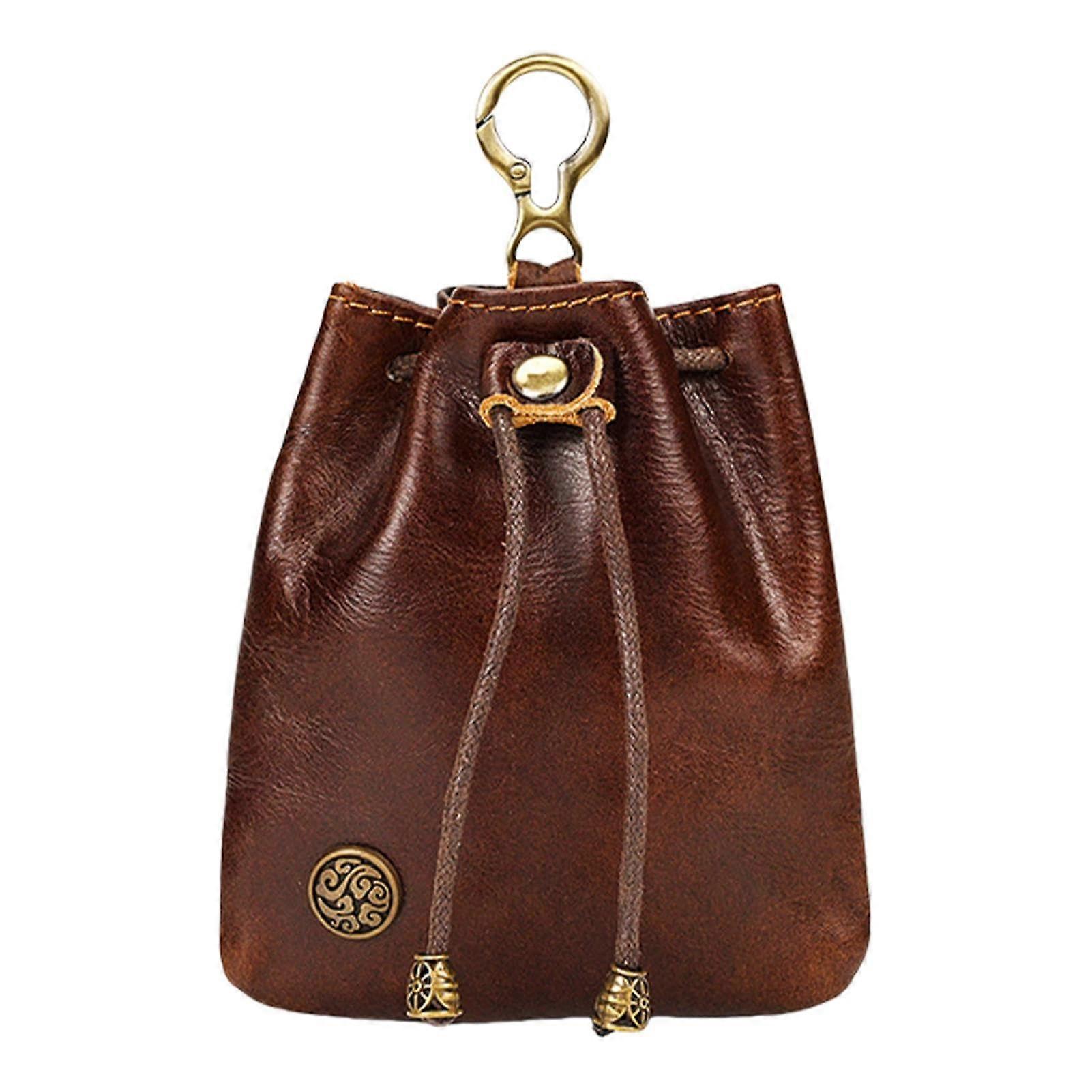 Medieval Leather Pouch with Vintage Drawstring Closure for Keys Dice Belt Dark Red