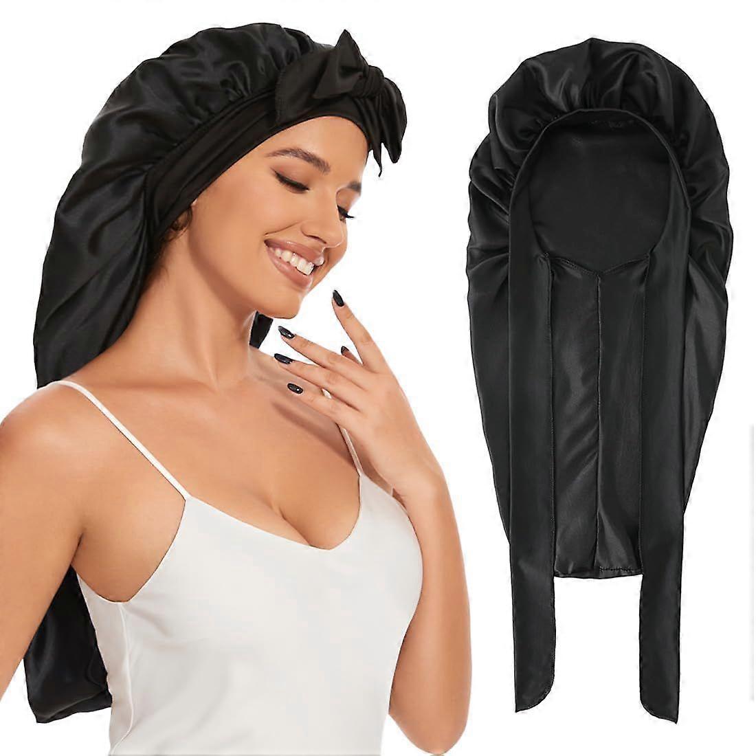 Long Satin Bonnet for Sleeping, Satin Lined Braid Bonnet with Elastic Band,