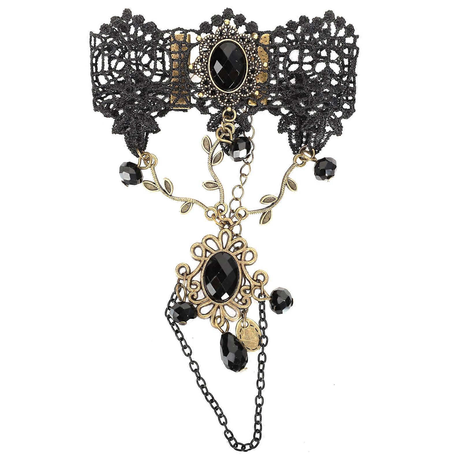 Black Gothic Bangle for Decor Halloween Lace Hand Chain Adjustable Crystal Bracelet
