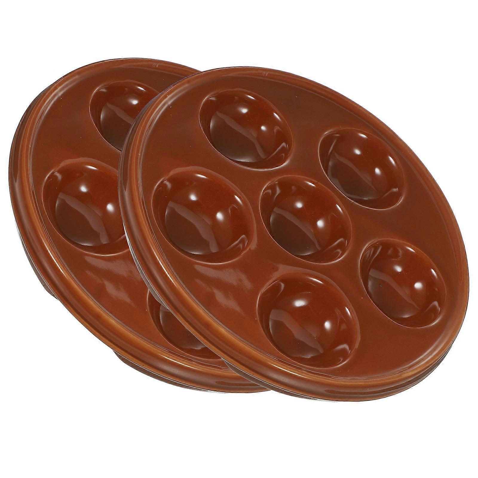 Ceramic Escargot Plate Baking Pan for Storage Use 2Pcs Brown
