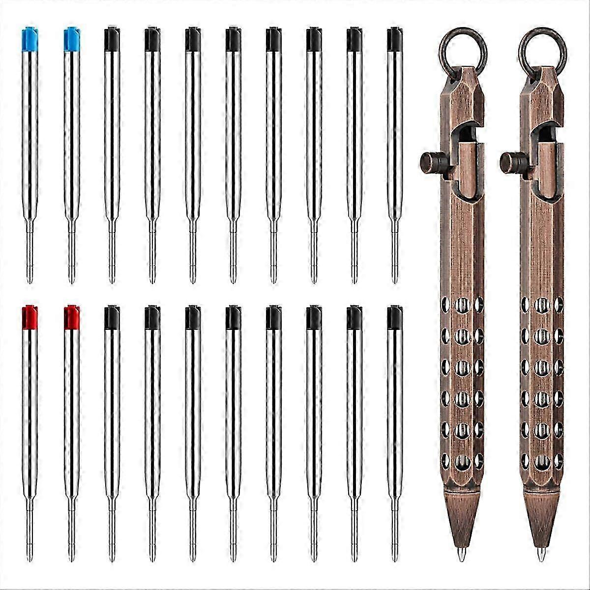 2Pack Bolt Action Pen Set, Hexagonal Solid Brass Pocket Pen with 20 Ballpoint Refills E