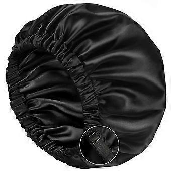 Satin Bonnet Sleep Bonnet Cap, Double Layer Adjustable Satin Cap compatible with Sleeping Hair Bonnet (X-Large, Black)