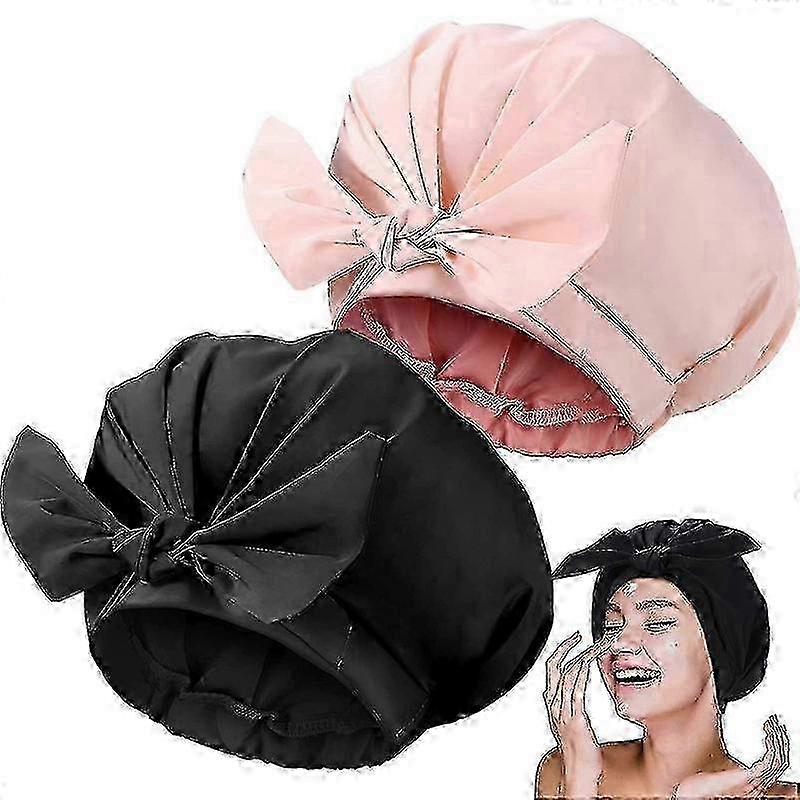 Adjustable Shower Caps 2-Pack Bow Knot Design Pink Black