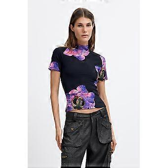 Desigual Orchid, stor lilla blomst, ribbet top med korte ærmer, model 26WWTK04.