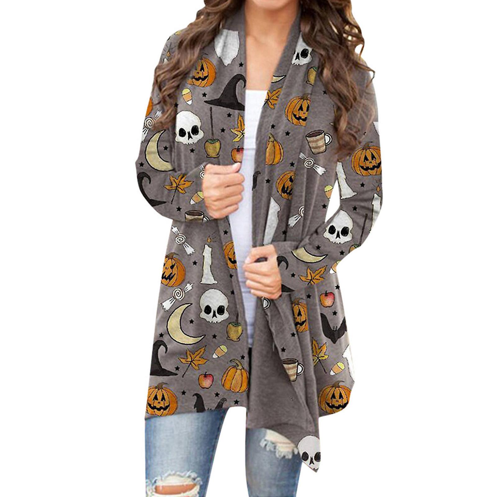 Women's Long Sleeve Cardigans Jackets Medium Length Open Front Long Sleeve Halloween Pattern Tops For Daily No Button