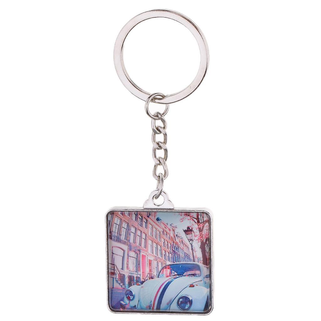 Double Sides Crystal Glass Square Keychain Key Buckle Bag Key Ring Chain
