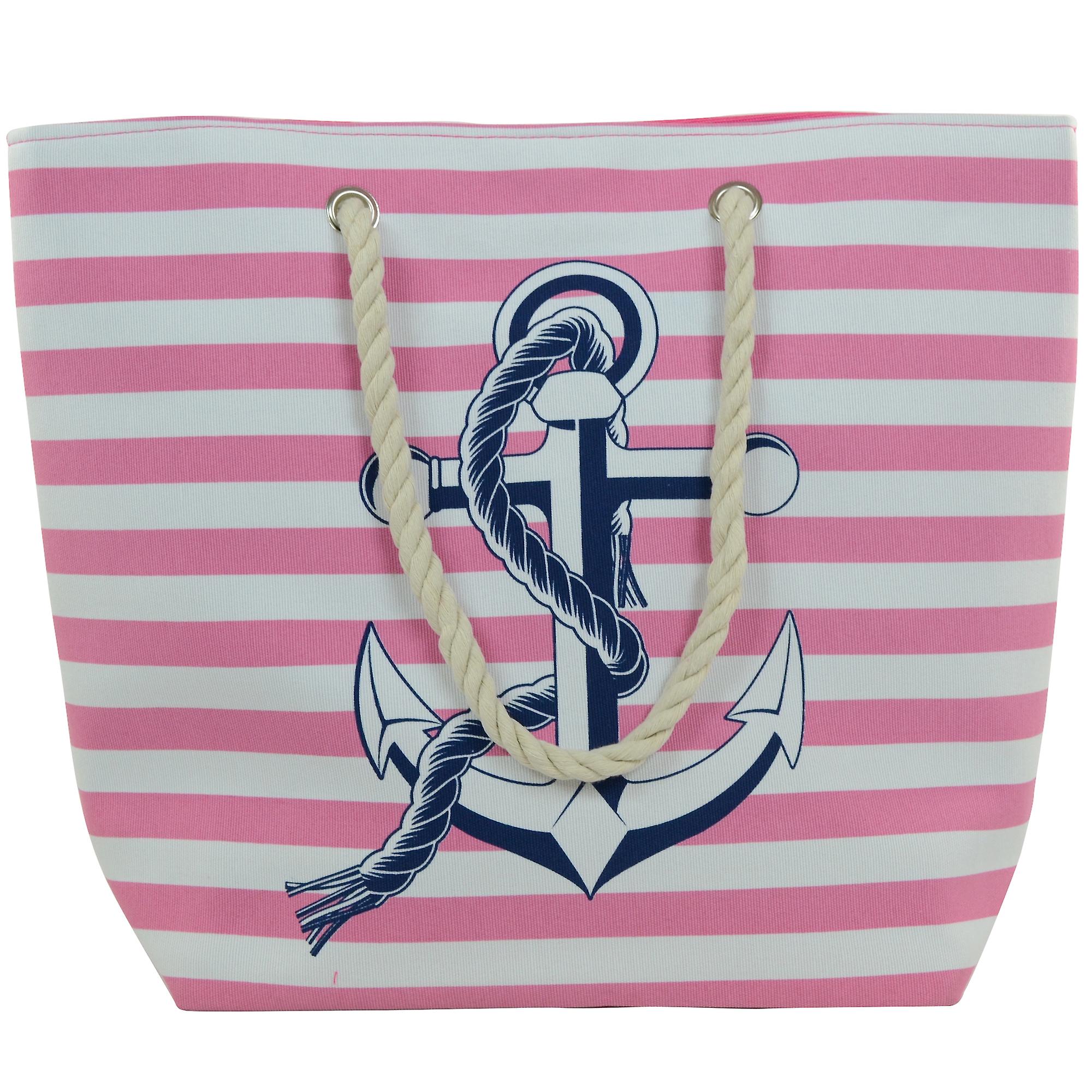 Ladies / Womens Large Striped Canvas Beach / Holiday / Summer / Tote Bag - Pink