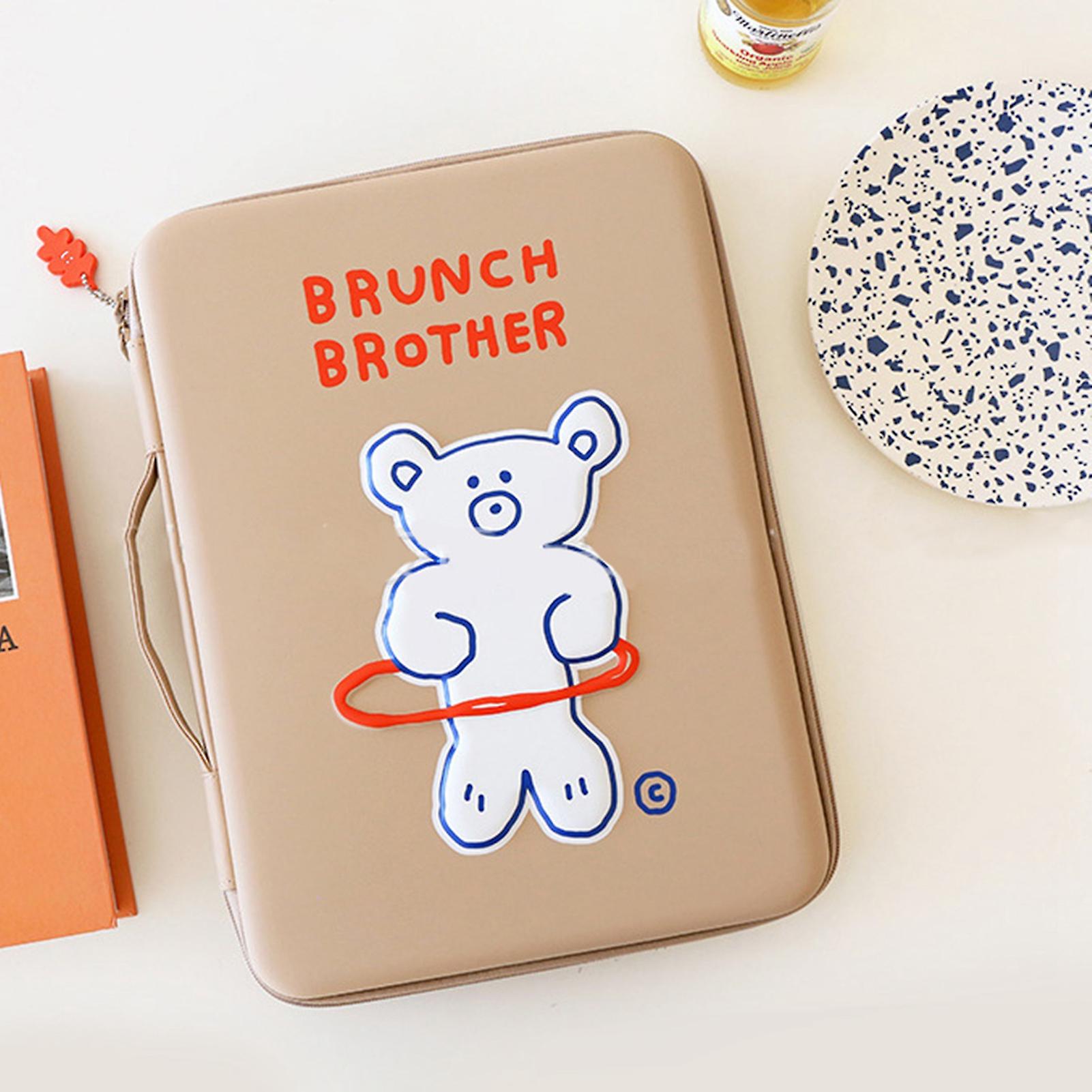 11in Bear Tablet Bag Shockproof EVA Sleeve Cute Bear Pattern with Soft Handle Beige