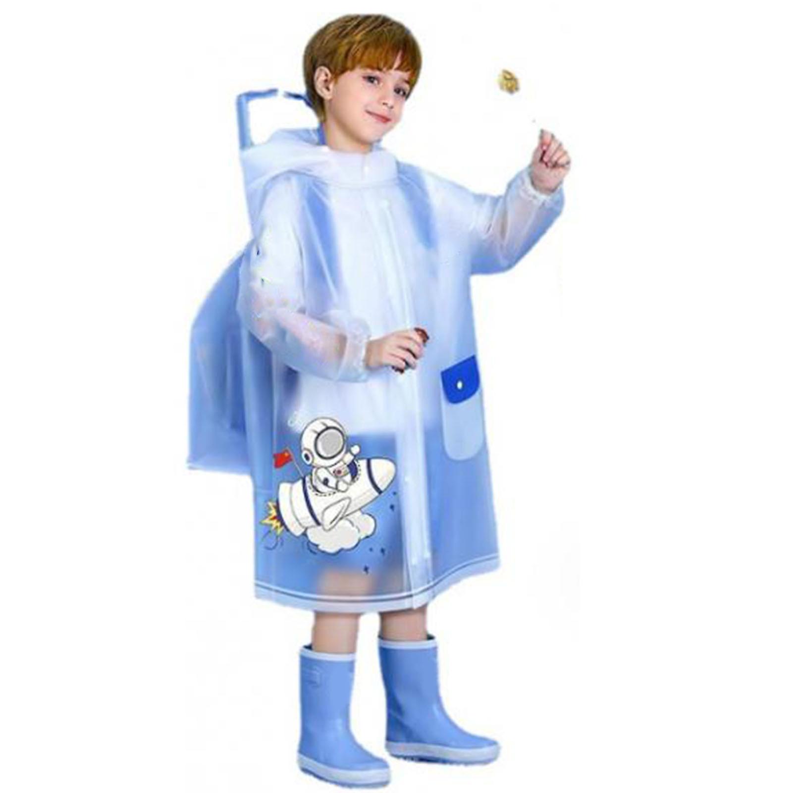 Kids Raincoats Thickened Reusable Rain Ponchos with Hood Sleeves Waterproof Rain Coats with Backpack Slot for Boys Girls Rocket Astronaut Button