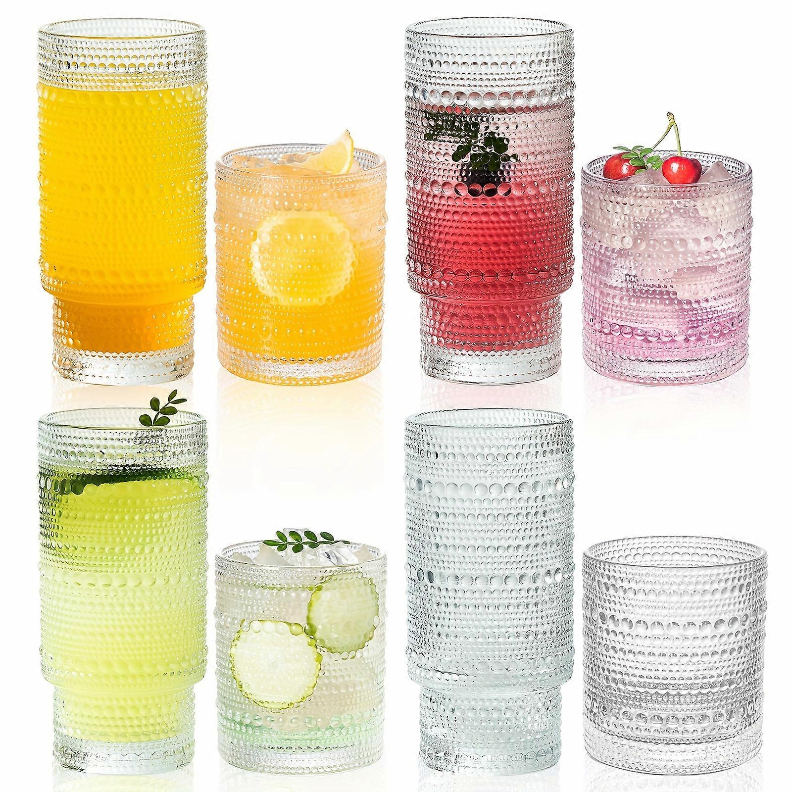 8Pcs, Hobnail Drinking Glasses, Embossed Designed Glass Cups, Highball Bubble Cocktail Set-4 Highball Glasses 16oz & 4 Rocks Glasses 14oz, Mojito Cups
