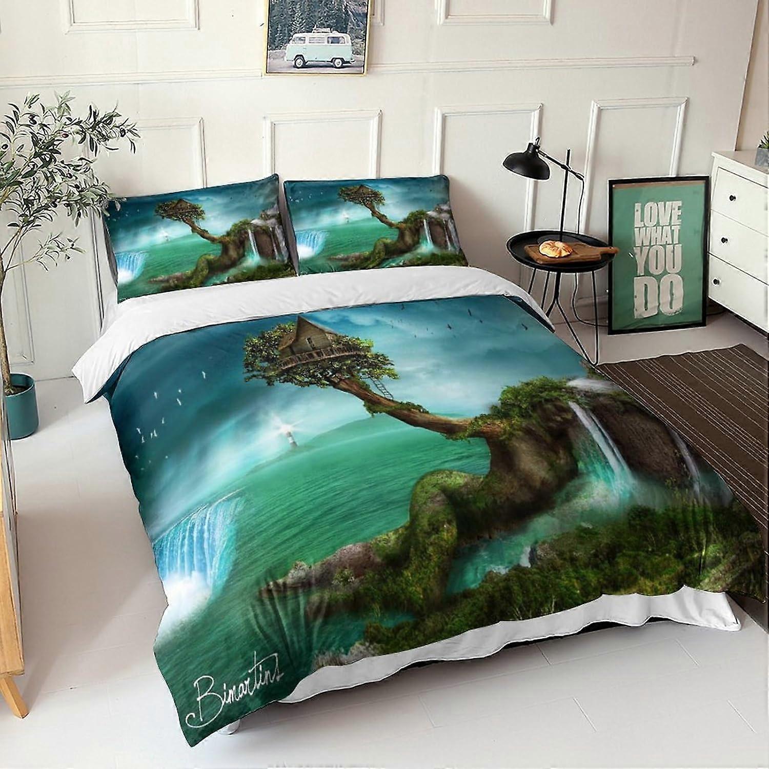 סט מצעים נוף קסום חלקים כיסוי שמיכת נוף D תבנית עם רוכסן מיקרופייבר היפואלרגני עם ציפיות למבוגרים 135*200 ס"מ