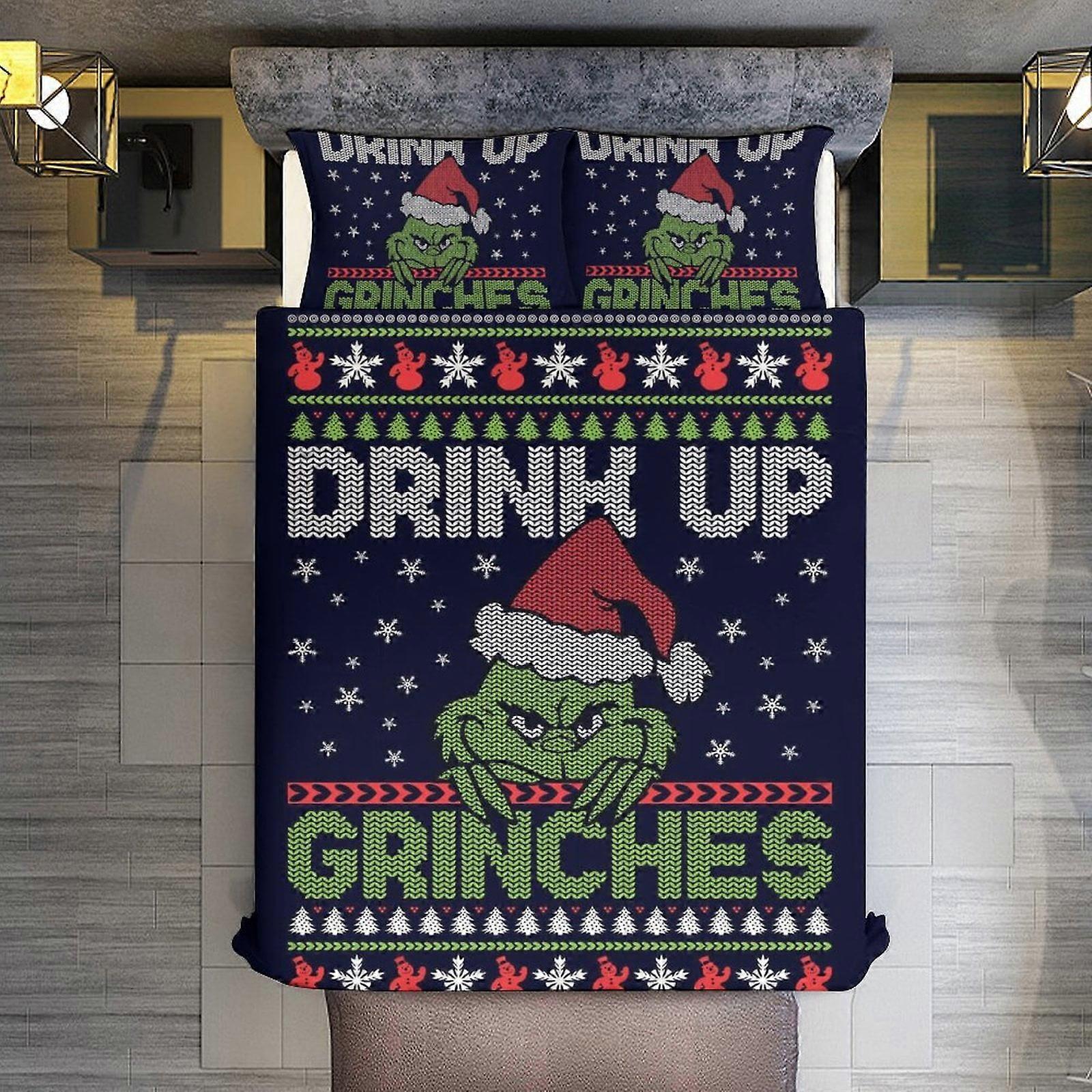 v432 Lençóis de Cama Engraçados Grinch de Natal Conjuntos de 3 Peças Tamanho Completo/Queen Size - Colchas de Microfibra Reversíveis com 2 Fronhas Colcha Leve e Macia Co
