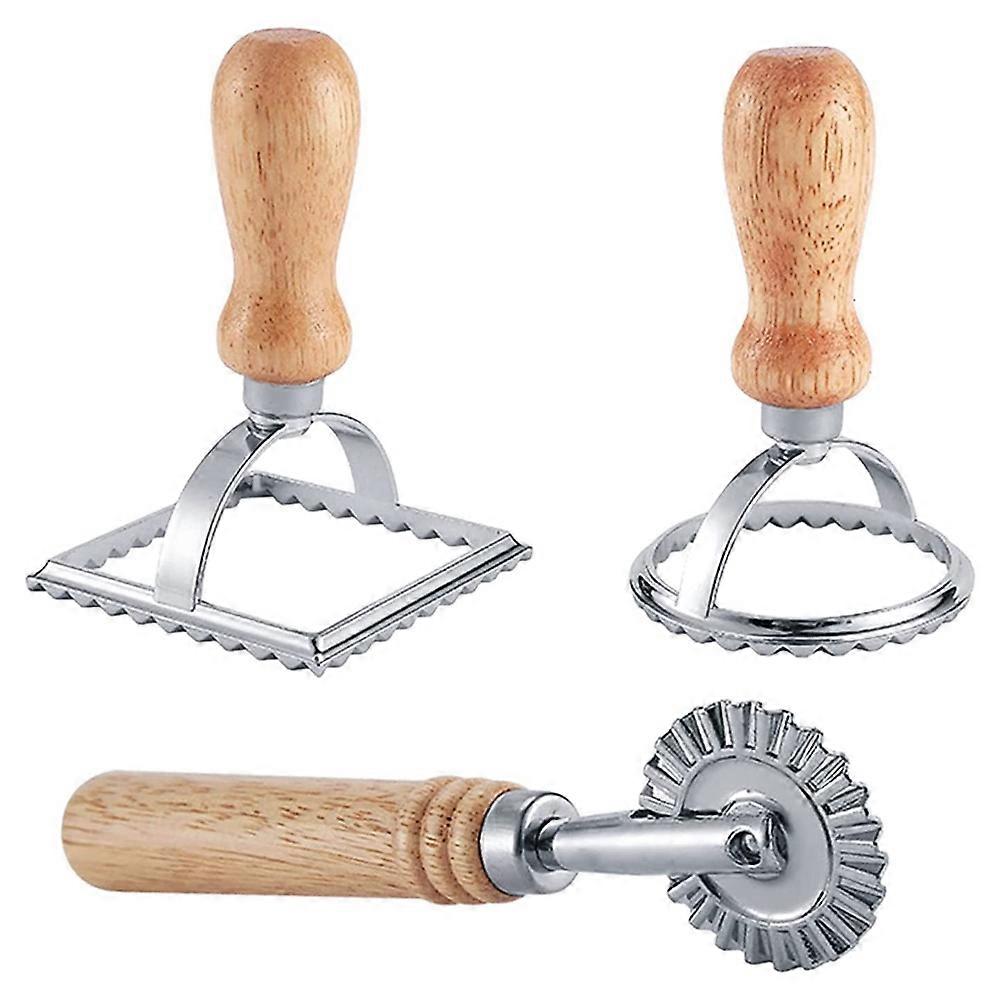 3Pcs Ravioli Stamp Maker Cutter with Roller Wheel Set,Mold with Wooden Handle for Pasta,Dumplings L