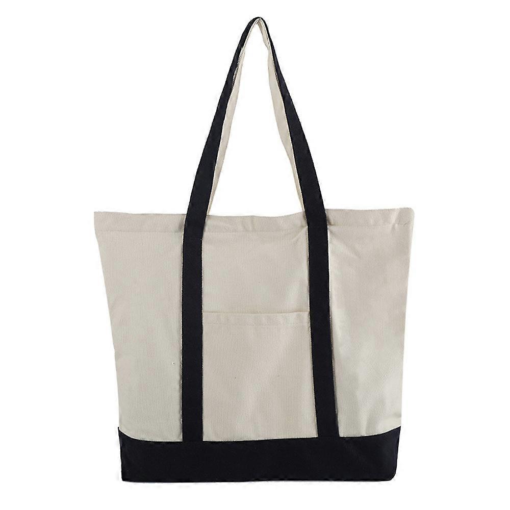 Fashionable canvas handbag with outer pocket and top zipper closure, essential for daily use