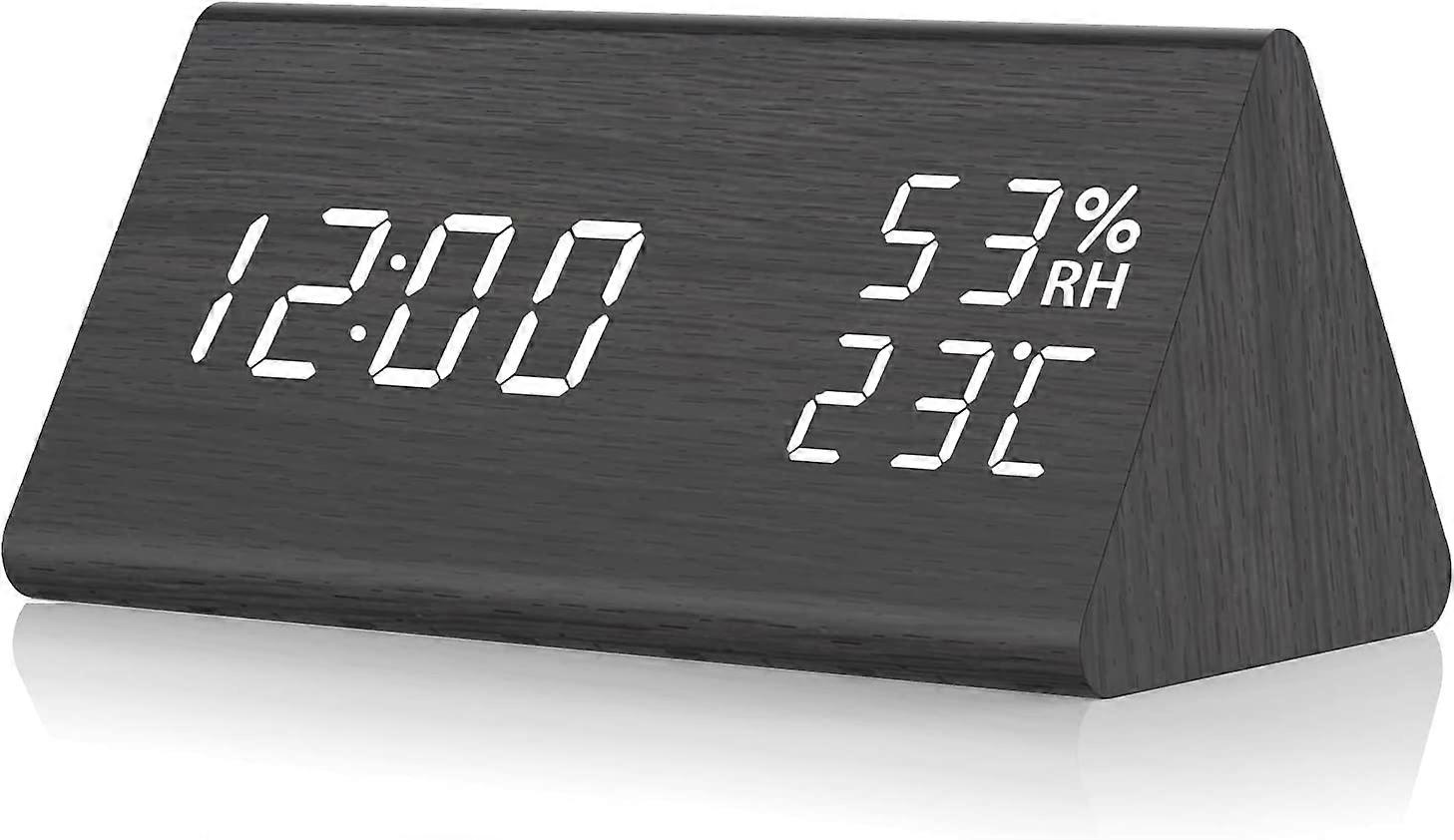 Digital Desk Clock, Digital Alarm Clock Mains Powered, Wooden Alarm Clock Bedside, Voice Control, LED Display Time, Temperature, Humidity, 3 Alarms, 3