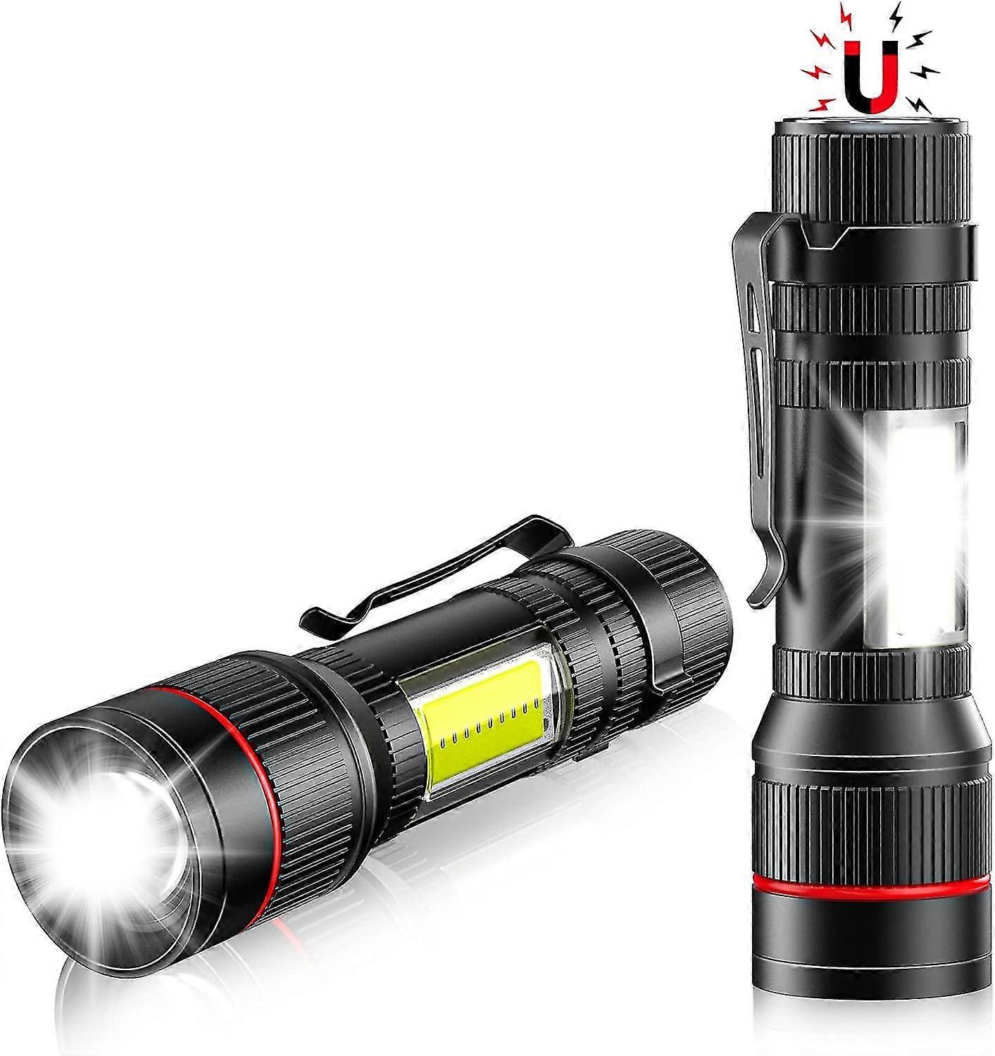Small Led Torch 2 Pieces, Magnet & Cob, Mini Usb Rechargeable Flashlights With Steel Clip, 3 Modes, Waterproof For Camping