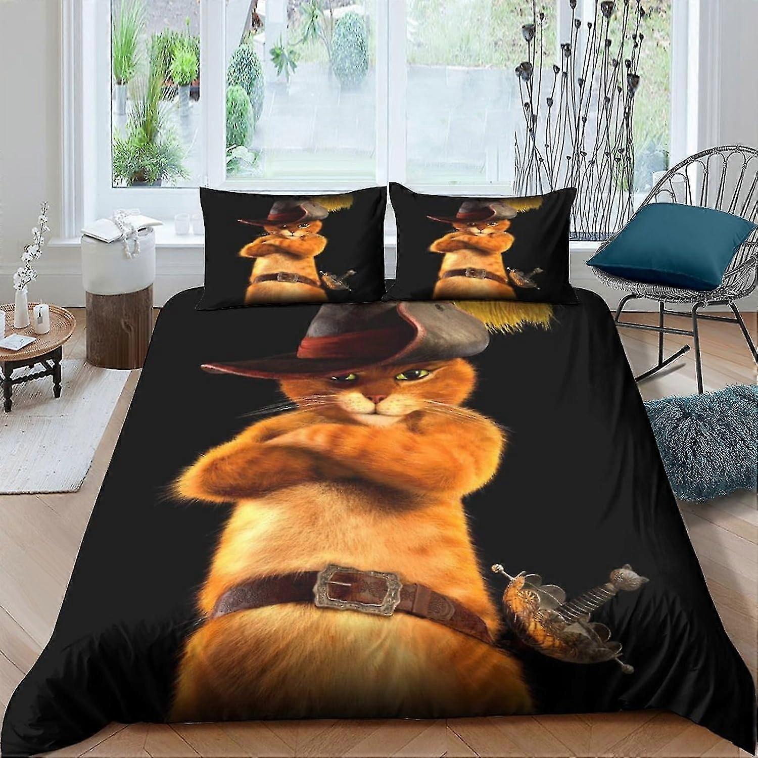 o2751 Lakan Tryckt Mästerkatten i stövlar Påslakan Set Katt Sängkläder Set, Dold Dragkedja Microfiber Soft Comforter Cover, 3 st Sängkläder Set Quilt Cover Do