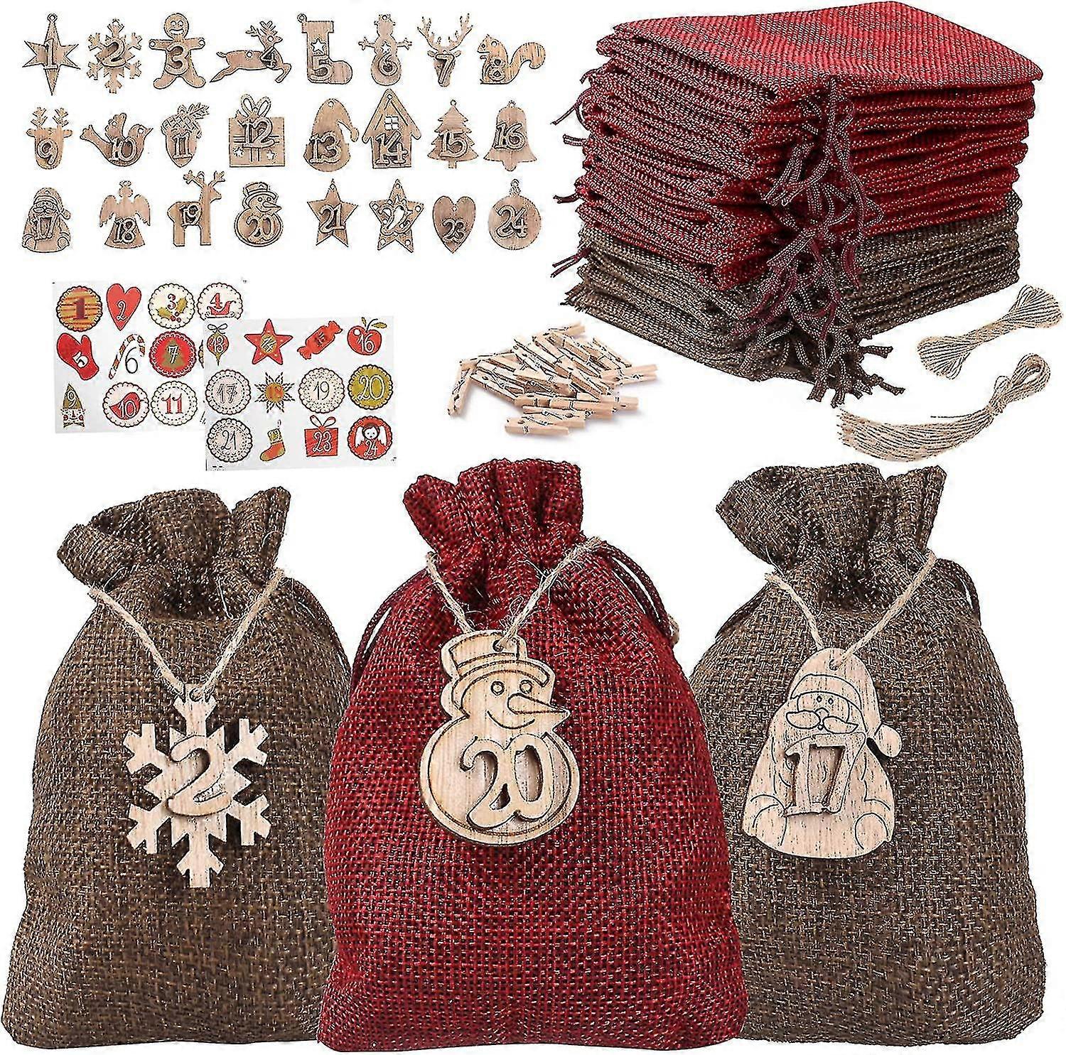 New Christmas Advent Calendar, 24pcs Advent Calendar Bags For Filling, Xmas Countdown Calendar Fabric Bag, Diy Advent Calendar Set, With 24pcs Wooden