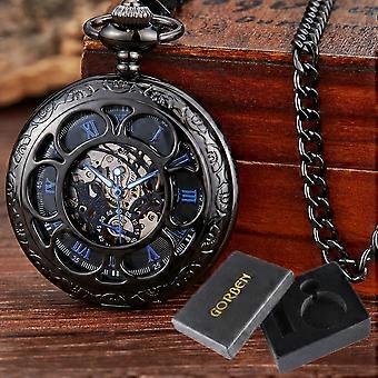Numeral Romano Luxo Mecânico Relógio de Bolso Gravar Escultura Sliver Caso Steampunk Esqueleto Relógios Fob Relógio de Corrente para Homens