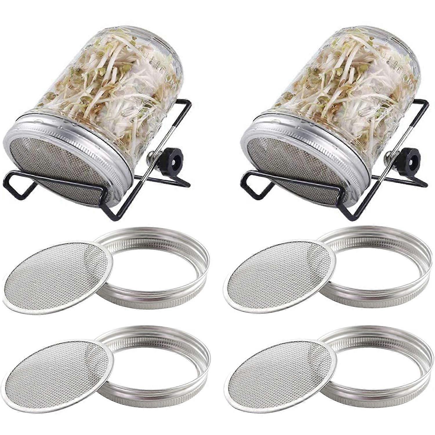 Germination Lids, 4Pcs Stainless Steel Germination Screen with 2 Pcs Germination Holders, Round Lid Sprouter for Making Organic Seeds and Sprouts