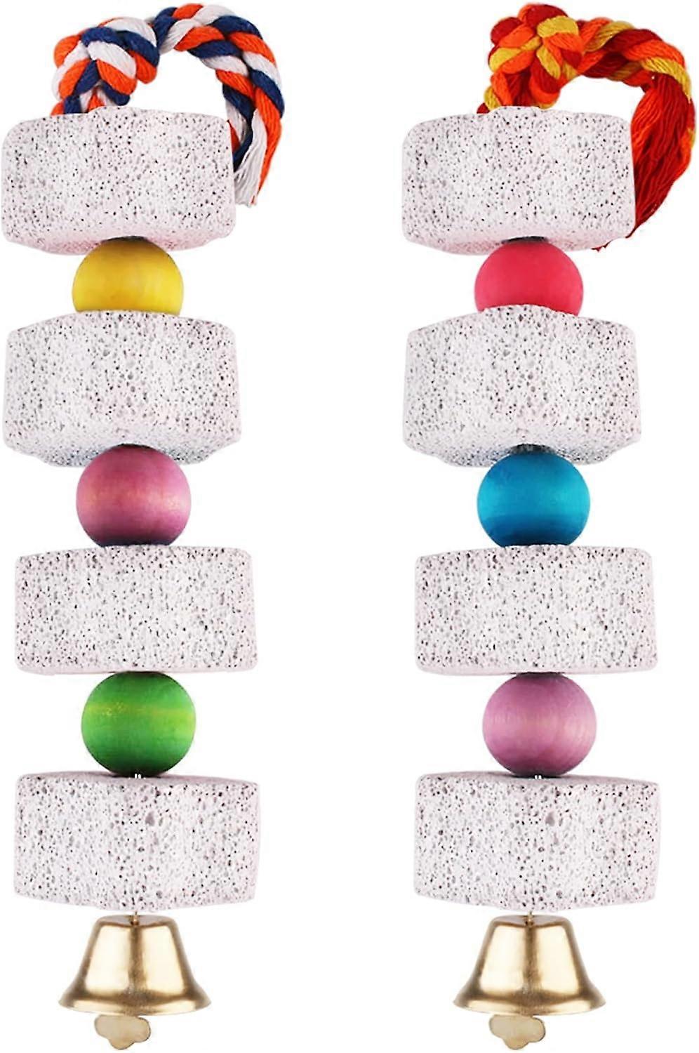 Parrot Chewing Toy, Bird Beak Grinding Stone with Bell, Lava Block Calcium Supplement Food, 2 Pack
