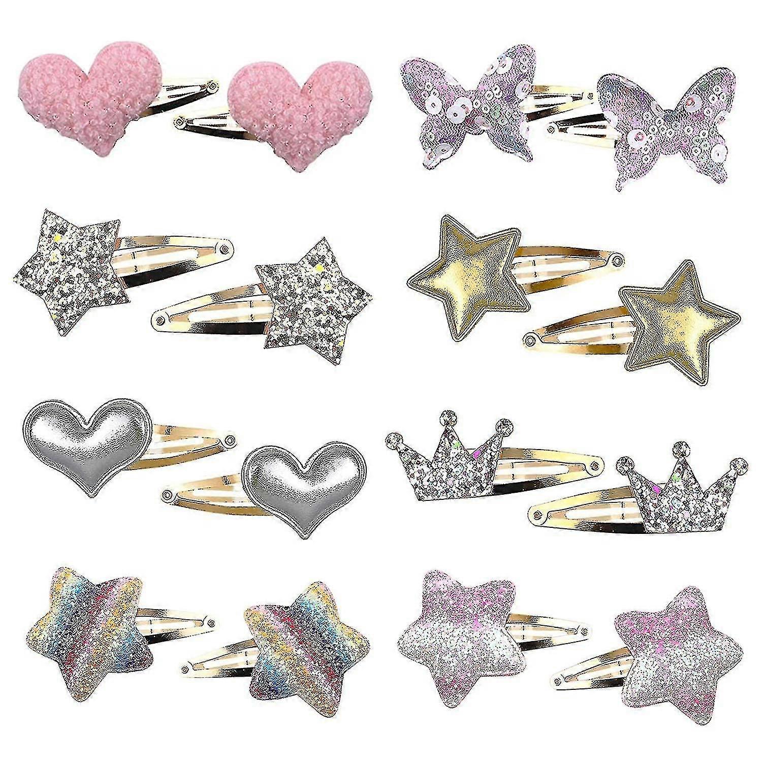 8 أزواج / 16 حزمة مقاطع الشعر للبنات ، نجمة / تاج / قلب / فراشة على شكل أطفال الشعر Barrettes ، لطيف مشابك الشعر المعادن المفاجئة دبابيس الشعر براقة تصفيف الشعر