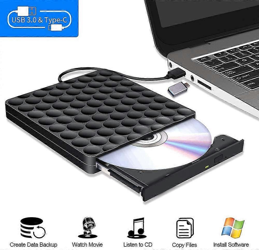 External Cd Dvd Drive For Laptop, High-speed Transfer Usb 3.0 Slim Portable Cd Dvd +/-rw Optical Drive Burner Writer Reader With Type-c Adapter For Pc