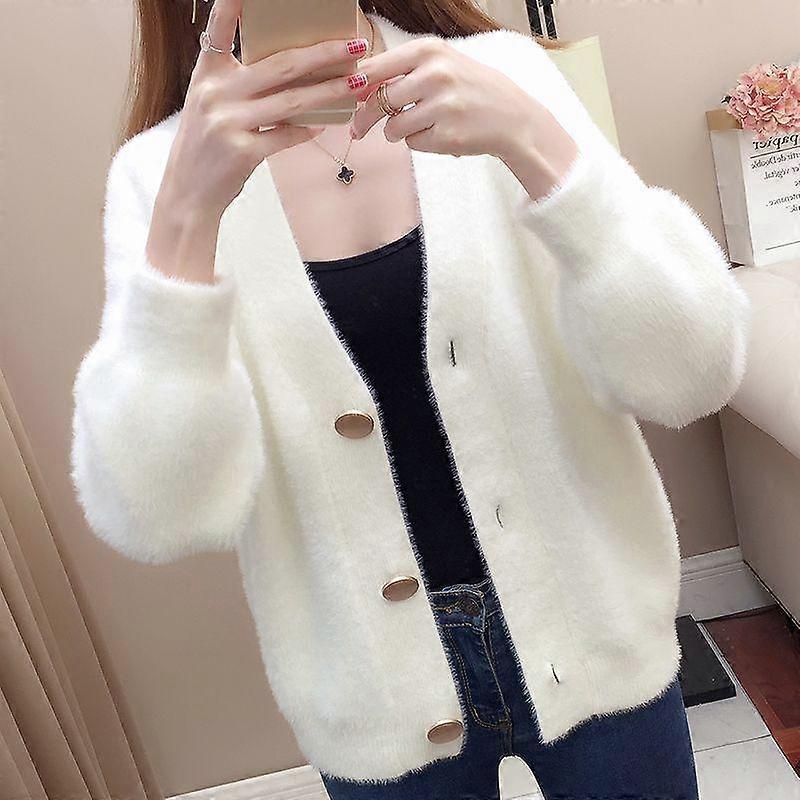 Spring Plush Cardigan Jacket for Women's Knitted Loose Korean Version Lazy Style Top Short Sweater for Women