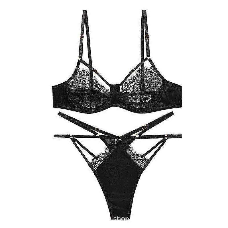 French Lace Ultra-thin Bra Set Sexy Hollow Temptation Women Lingerie Satin Splicing Transparent Bras and Thongs 2 Piece Set