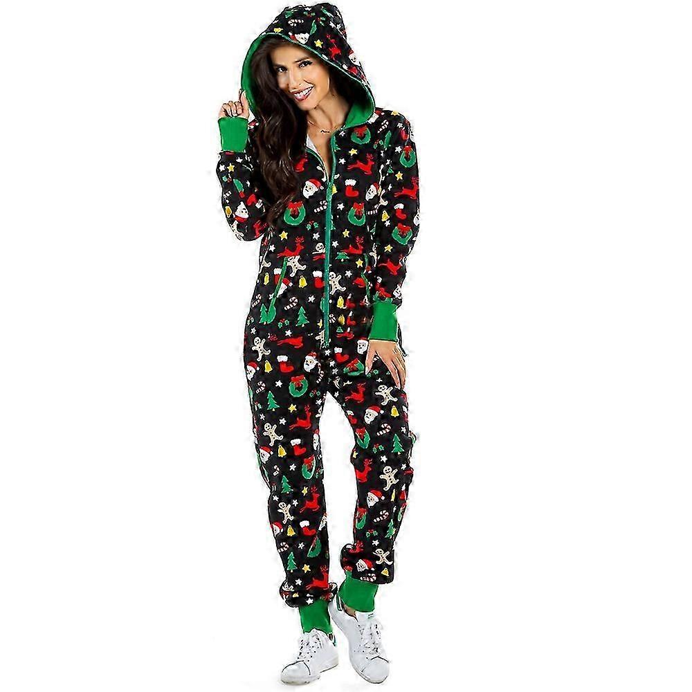 Pijama de Natal Feminino Pijama Feio Macacão Com Capuz De Uma Peça Pijama Xmas Impresso Com Zíper Aconchegante Pijama Com Bolsos