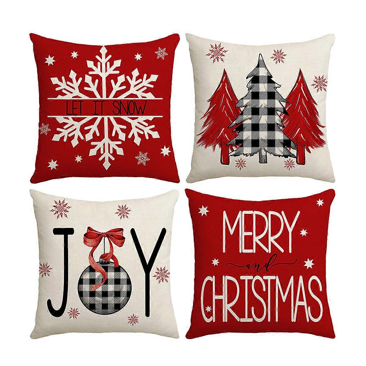 Comfortable & Soft Touch Christmas Pillow Covers, 18x18 Inch Set Of 4 For Red White Color Scheme, Linen Quality Fabric With Easy Care