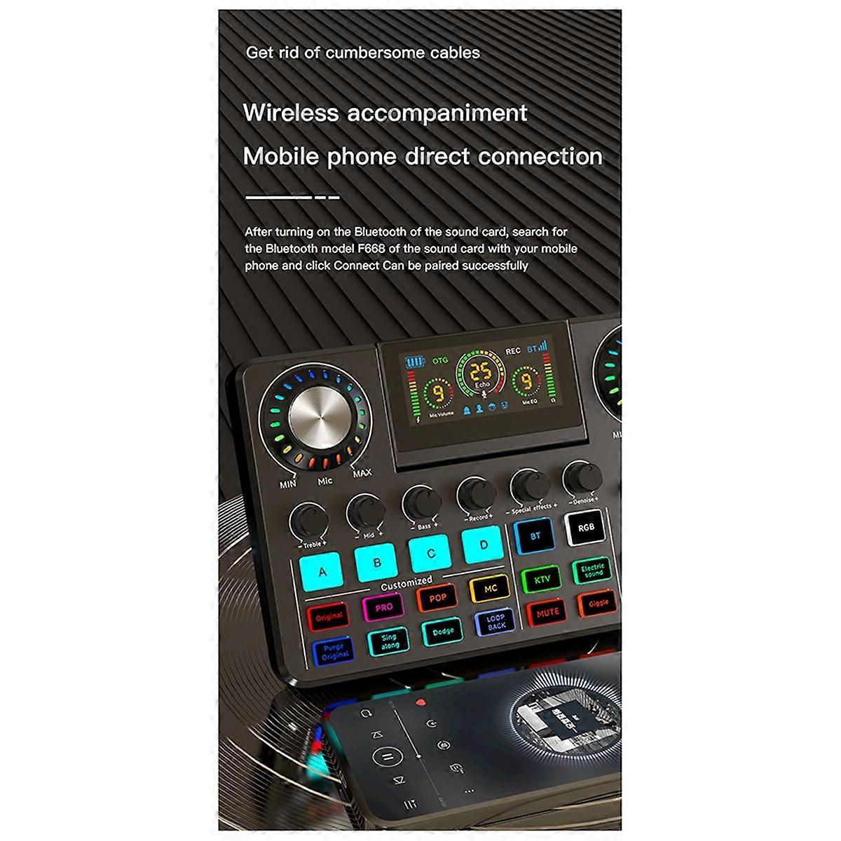 F668 Electronic Tone Sound Card Audio 48V Power Supply for Live Streaming Recording Interface Podca