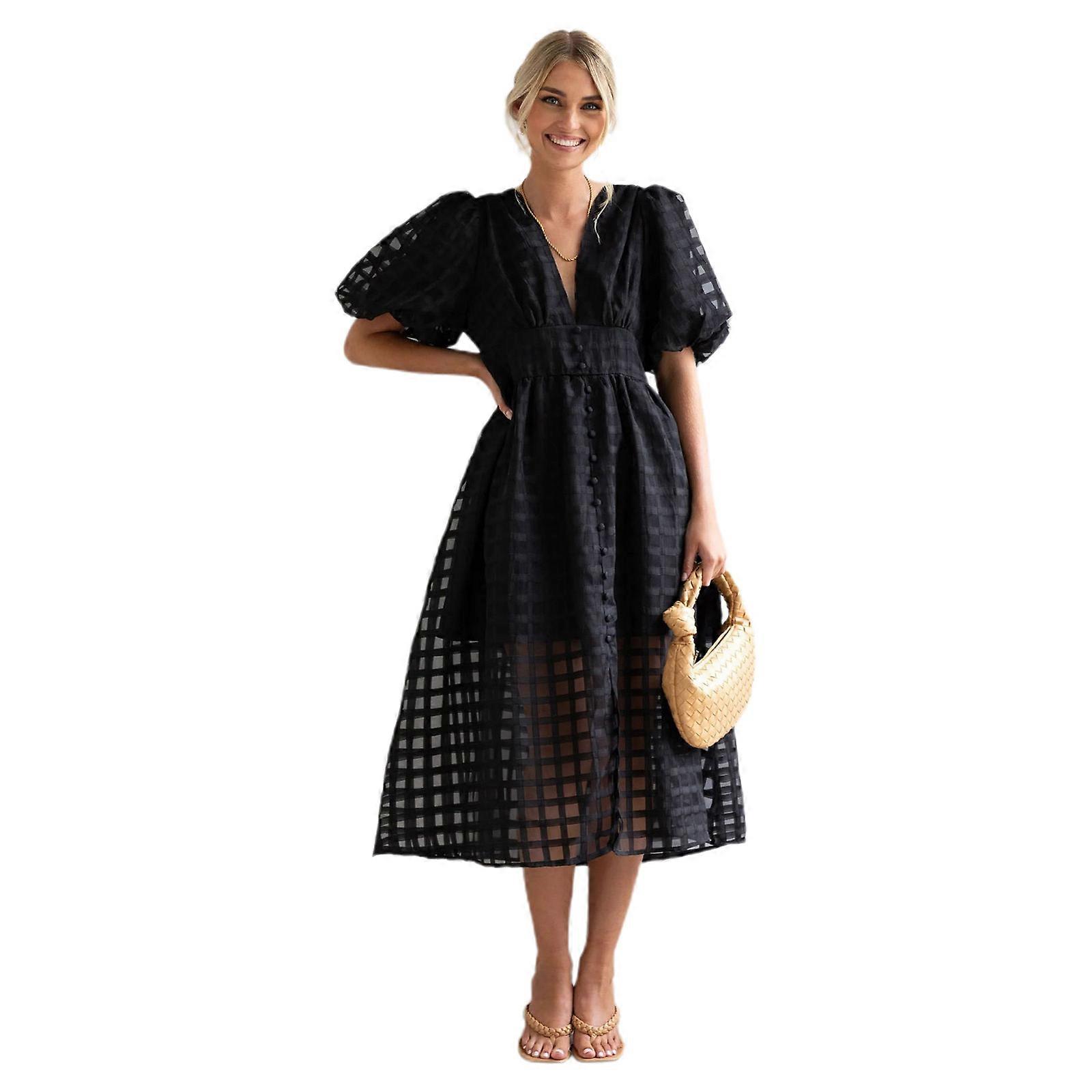 Femmes Ample Robe Tunique Décontractée Robe Lanterne Manche Bouton