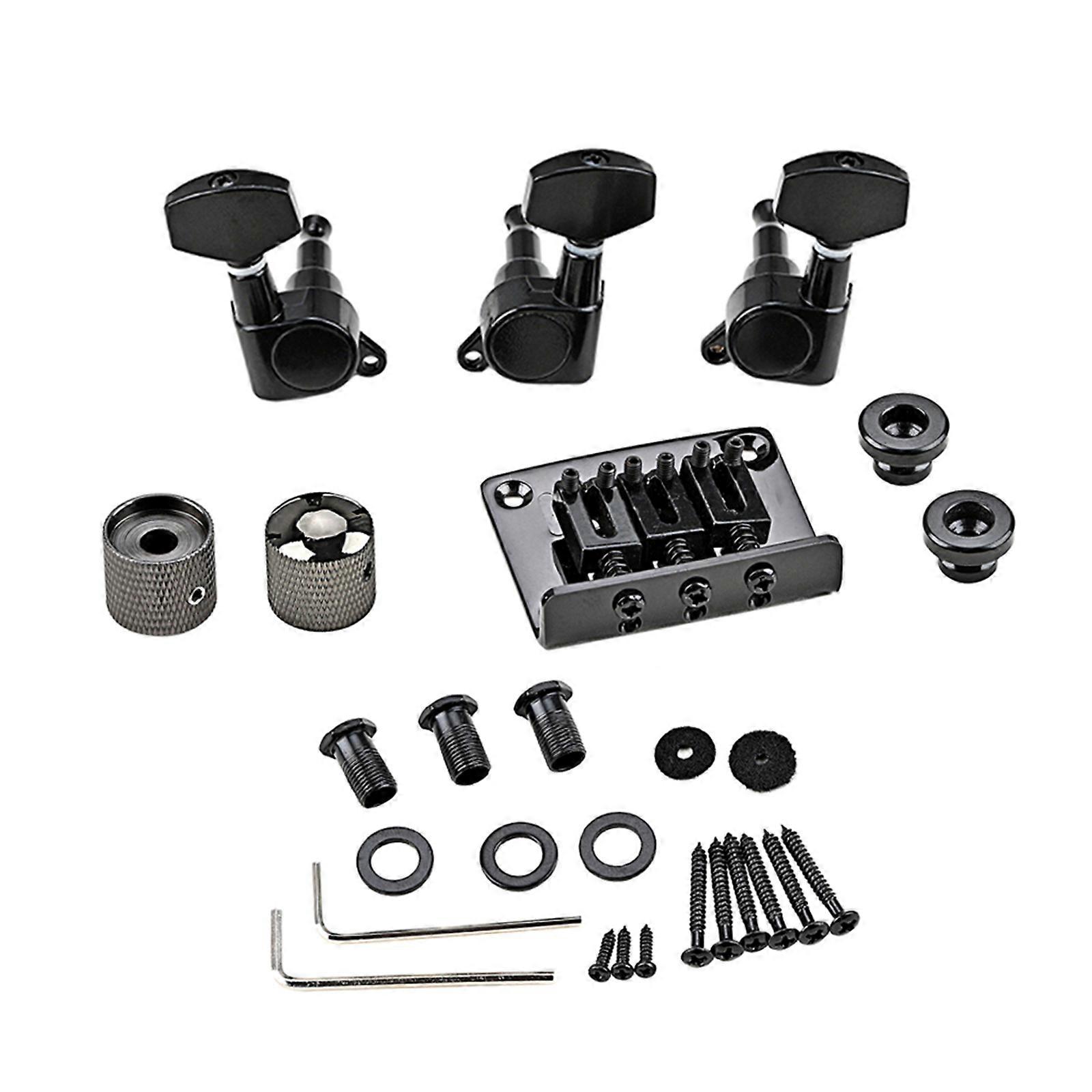 Portable 3-String Guitar Saddle Bridge Set with Screw Wrench Control Knob Guitar Replacement Part DIY Guitar Repair Tool Black