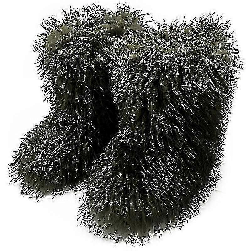 Faux Fur Boots For Women Fuzzy Fluffy Furry Round Toe Suede Winter Boots Flat Shoes - JA
