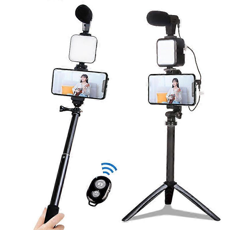 LED Fill Light Microphone Portable Tripod Live Video Phone Holder Photography Selfie Stick Recording Handle Stabilizer Bluetooth