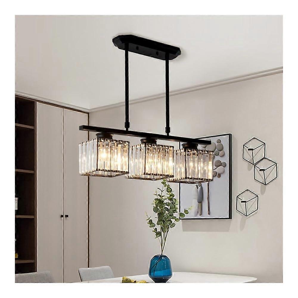 3-Light Crystal Gold Chandelier for Dining Room, Long Linear Design with Square Black Crystals, Modern Style