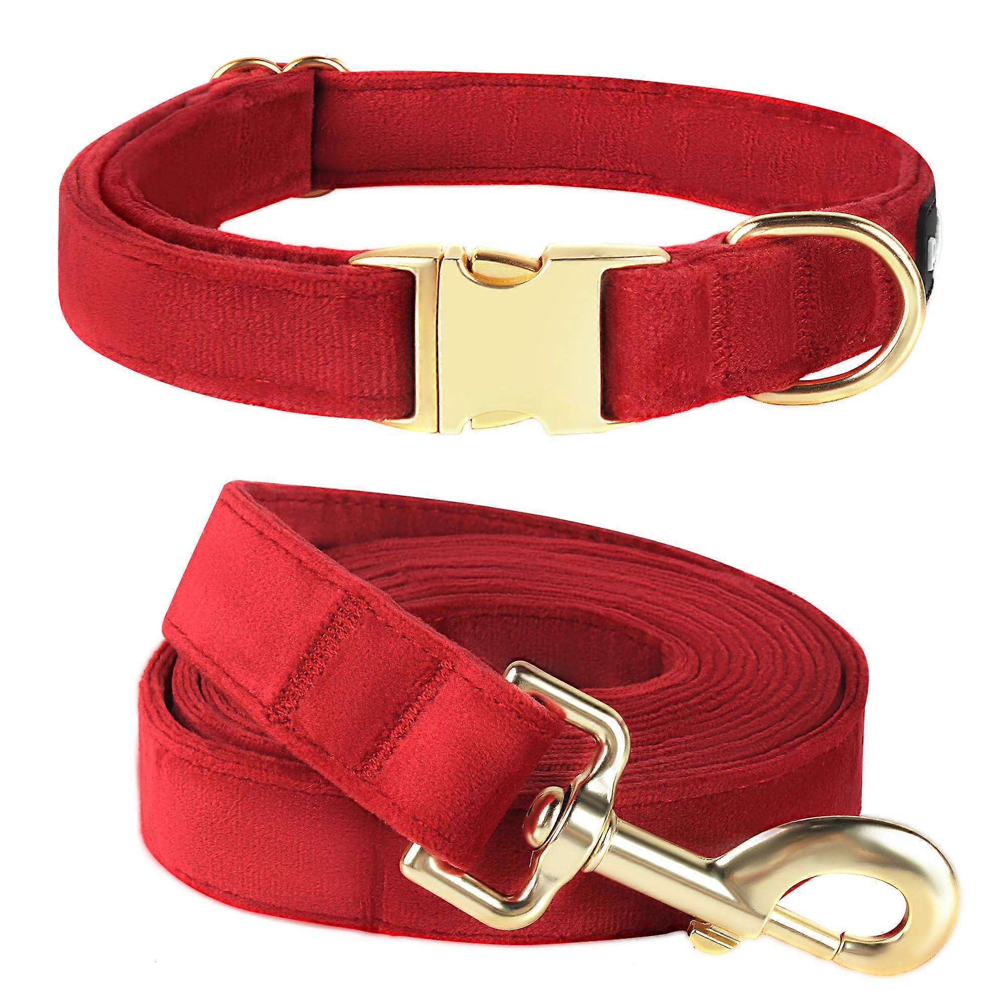 Dog Collar and Leash Set Adjustable Red Super Soft Velvet With Metal Buckle for Small Medium Large Dogs