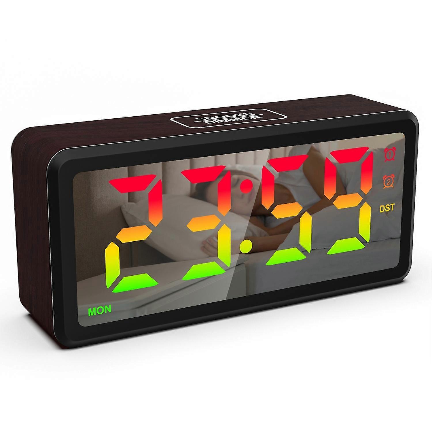 EN8839-RGB Wood Grain RGB LED Digital Clock Mirror Surface Daylight Saving Time Alarm Clock