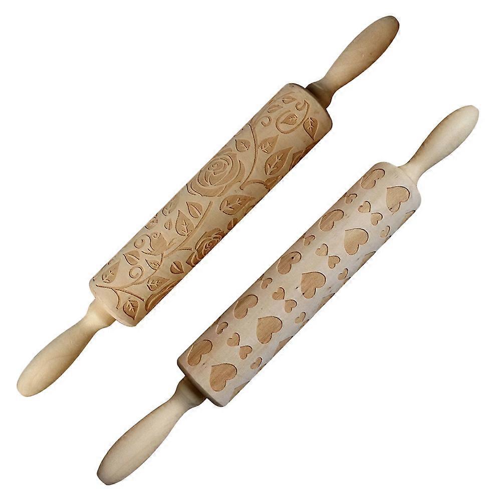 Cookie Roller Pin Cylindrical Embossing Pattern Baking 35x4cm Wood 2Pcs