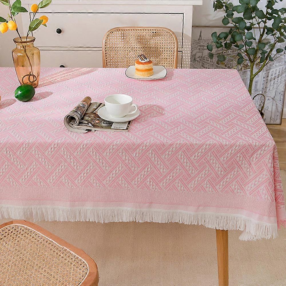Cotton Linen Tablecloth, Rectangular Coffee Table Tassel Lace Tablecloth, Camping Table Cloth-Pink