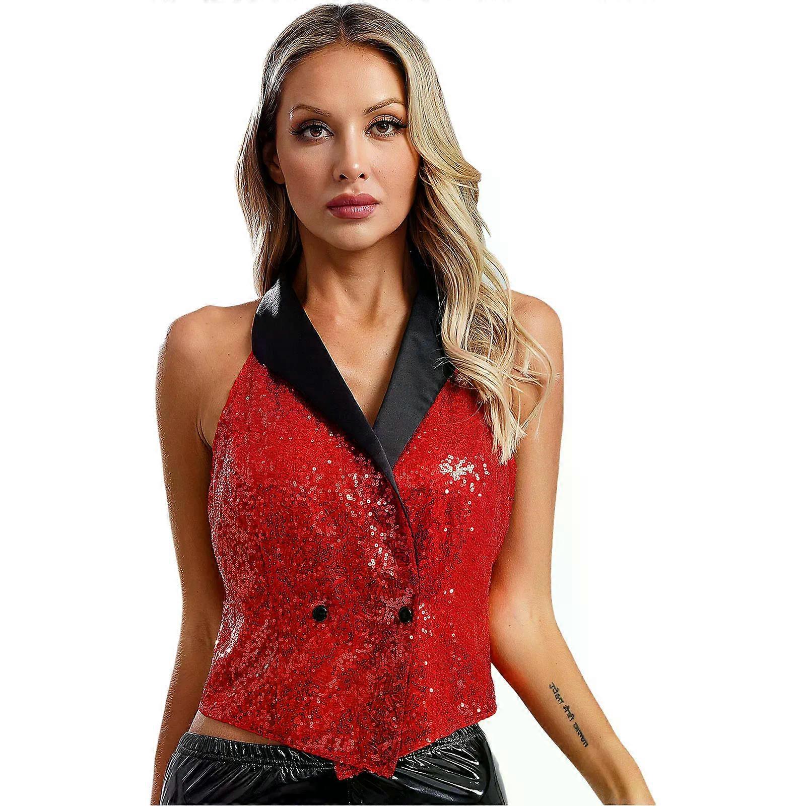 نساء بلا أكمام على شكل V الرقبة طية صدر السترة لامع الترتر بلوزة أزياء سترة مساء مأدبة كوكتيل حفلة نادي الموسيقى مهرجان دبابات قمم