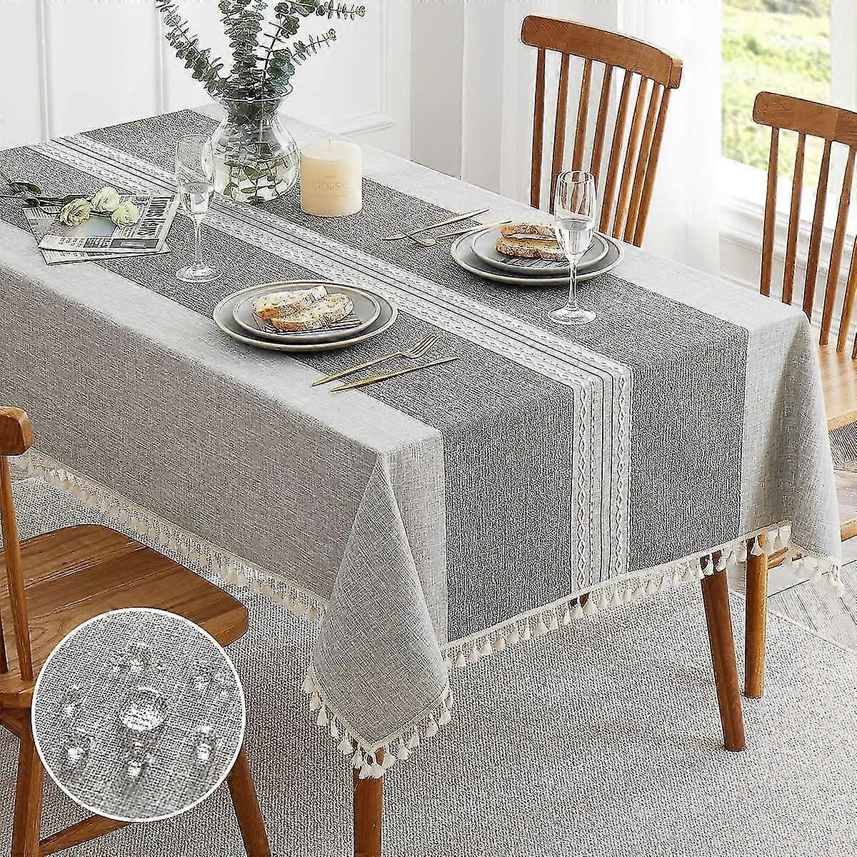 Rectangle Table Cloth,linen Farmhouse Tablecloth Heavy Duty Fabric,washable Embroidery Table Cloths With Tassel,decorative Oblong Table Cover For Kitc