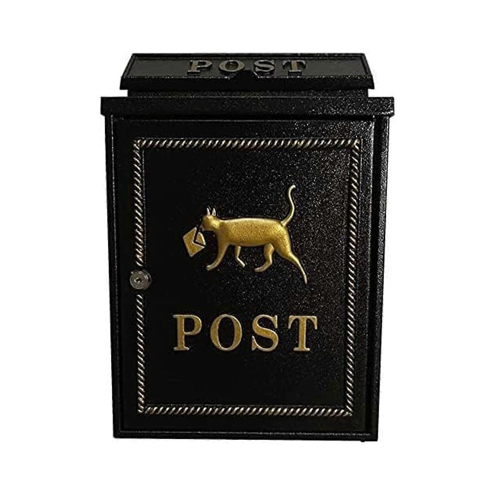 Secure black waterproof mailbox with lock, wallmounted for indoor/outdoor use.