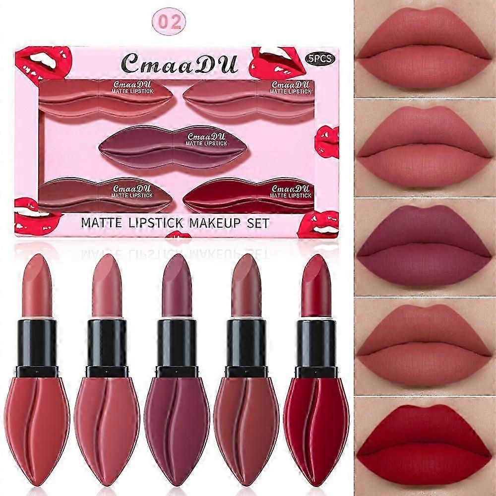 Mattes Lippenstift-Make-up-Set, 5-teilig, lang anhaltender, nicht haftender und wischfester Lippenstift, Make-up-Set mit hochpigmentierten Farbtönen, Lipgloss mit samtiger Textur, glatter Lippenstift