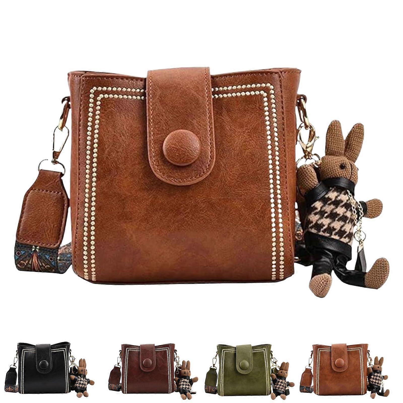 Black Bucket Bag with Retro Rabbit Pendant, Adjustable Wide Shoulder Strap, Large Capacity, Brown Color