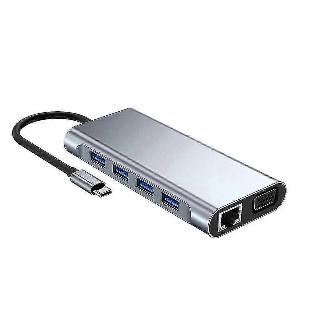 Type-c 11-in-1 Hub Aluminum Alloy Shell With Usb2.0 Usb3.0 Hd Vga Pd Rj45 Ports Sd Tf Card Slots 3.5mm Audio Interface